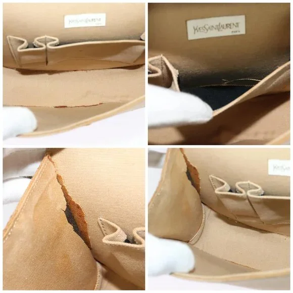 SAINT LAURENT Shoulder Bag Canvas Leather Khaki Auth